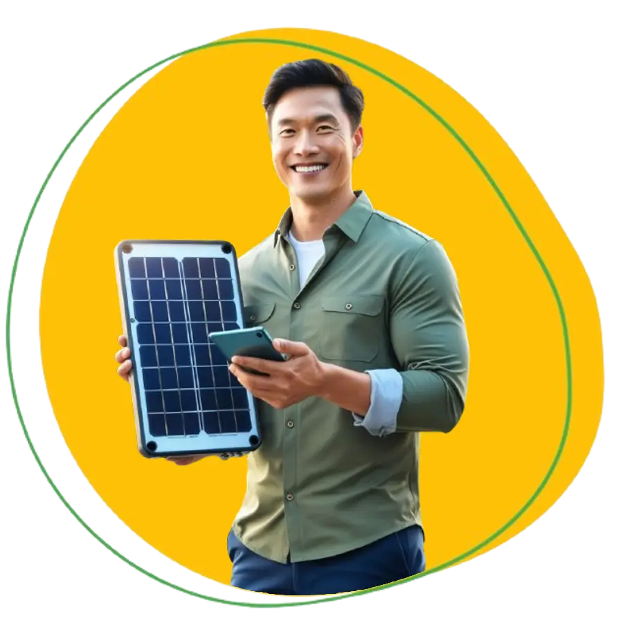 "African man smiling while holding a portable solar panel in a lush green environment, symbolizing eco-friendly solar solutions and renewable energy